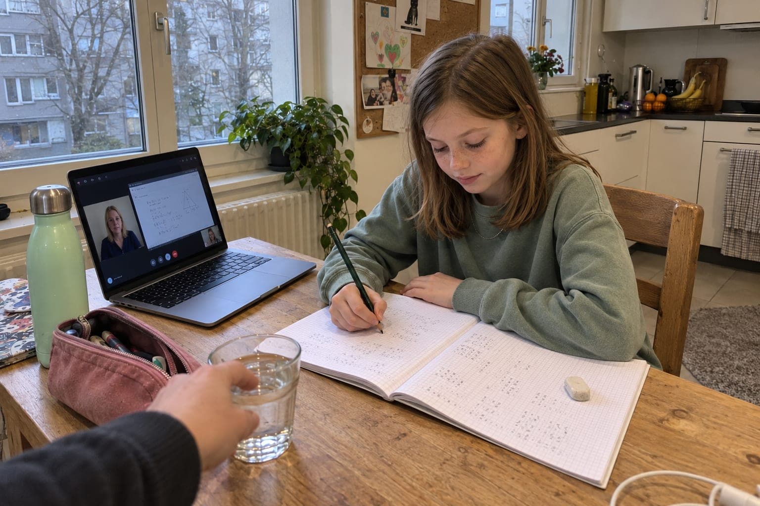 Dasselbe Mädchen schreibt konzentriert, daneben der Laptop mit Lara im Video-Call