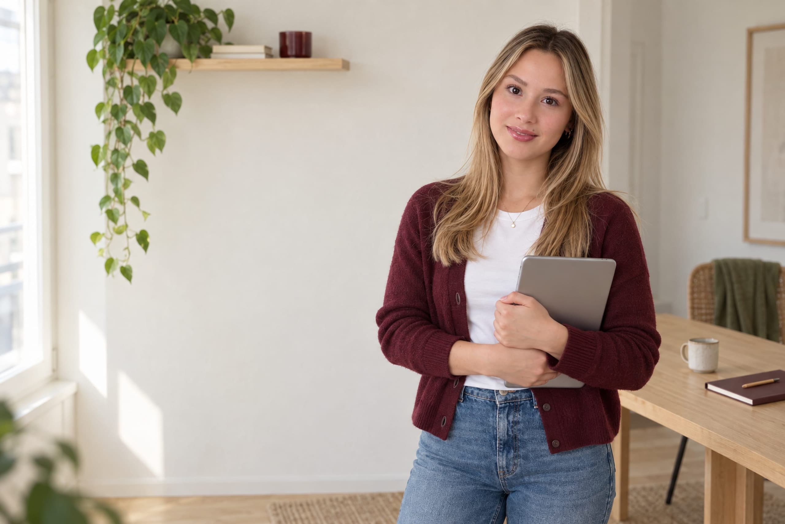 Lara mit Tablet in ihrem Arbeitszimmer in Zürich
