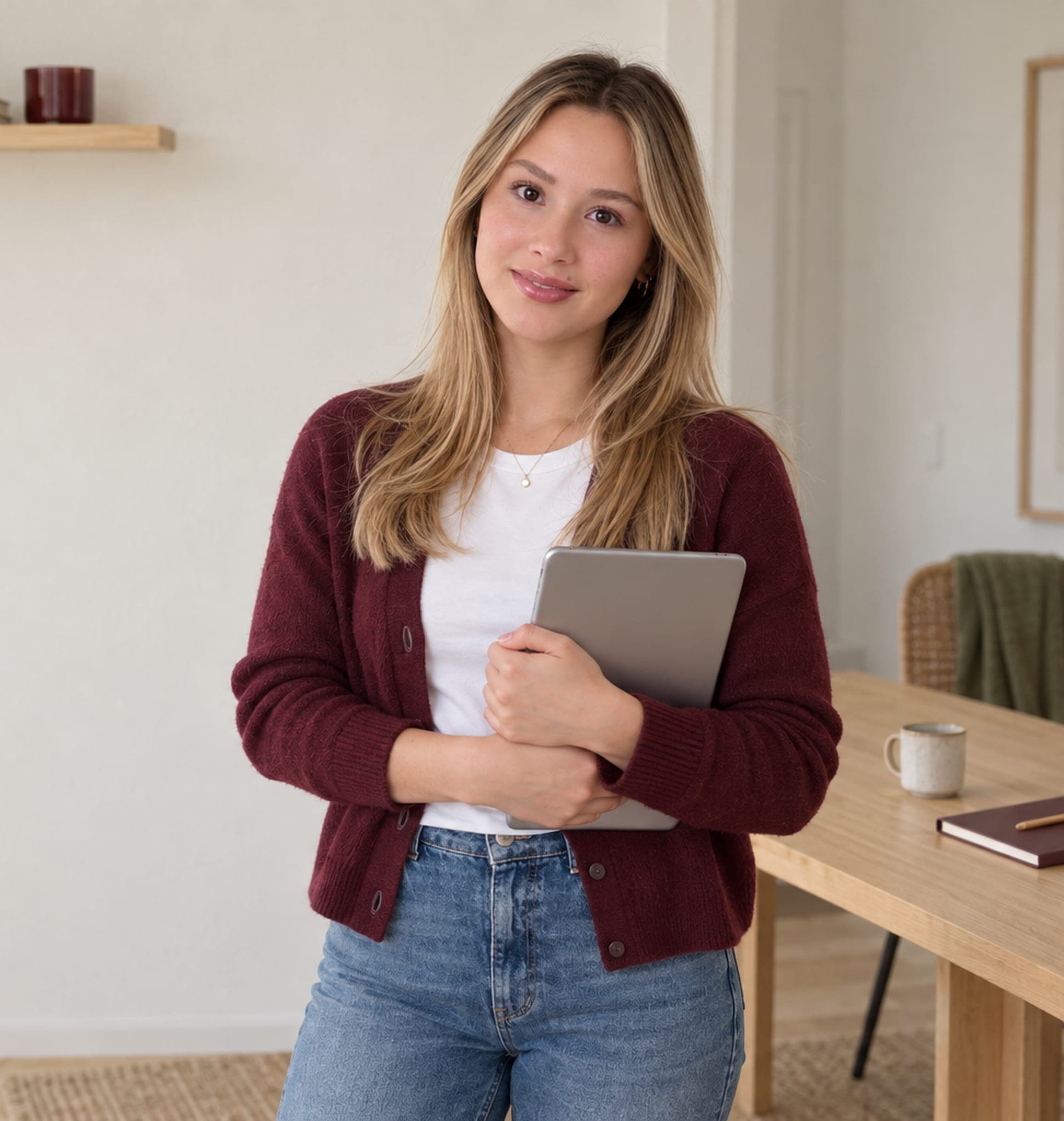 Lara mit Tablet in ihrem Arbeitszimmer in Zürich