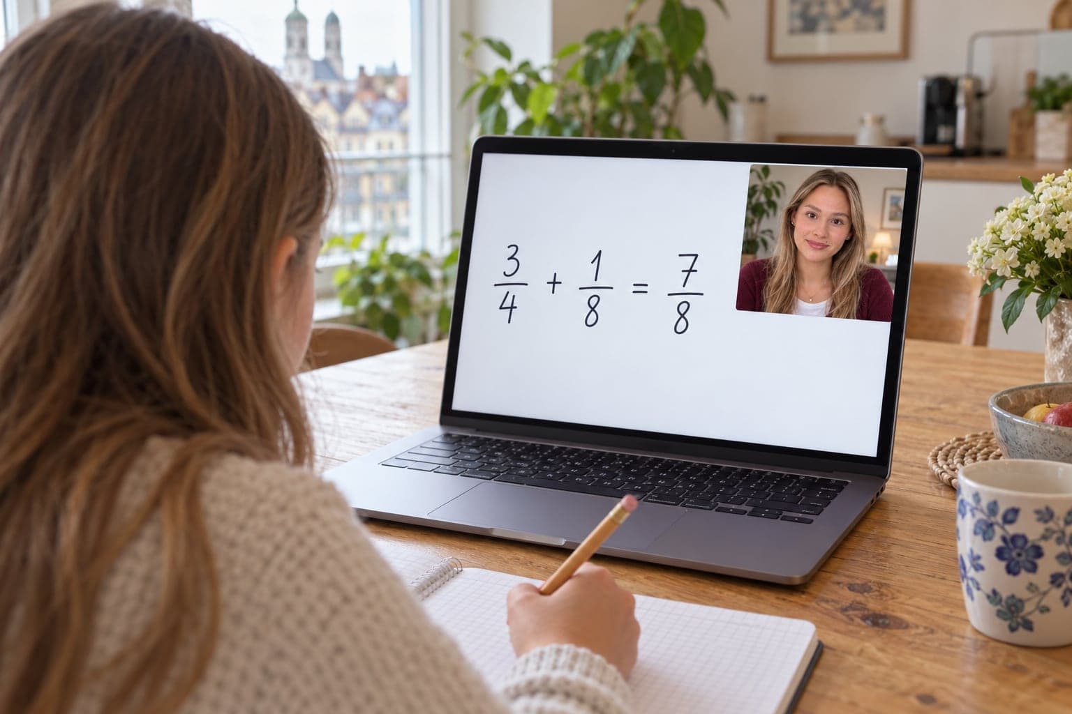 Blick über die Schulter einer Schülerin: am Laptop Lara im Video-Call und die Rechnung 3/4 + 1/8 = 7/8