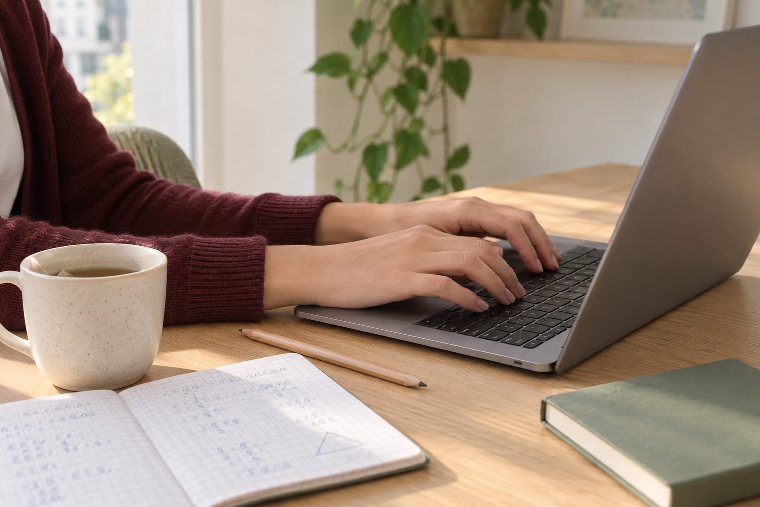 Laras Hände auf der Laptop-Tastatur neben einem Rechenheft