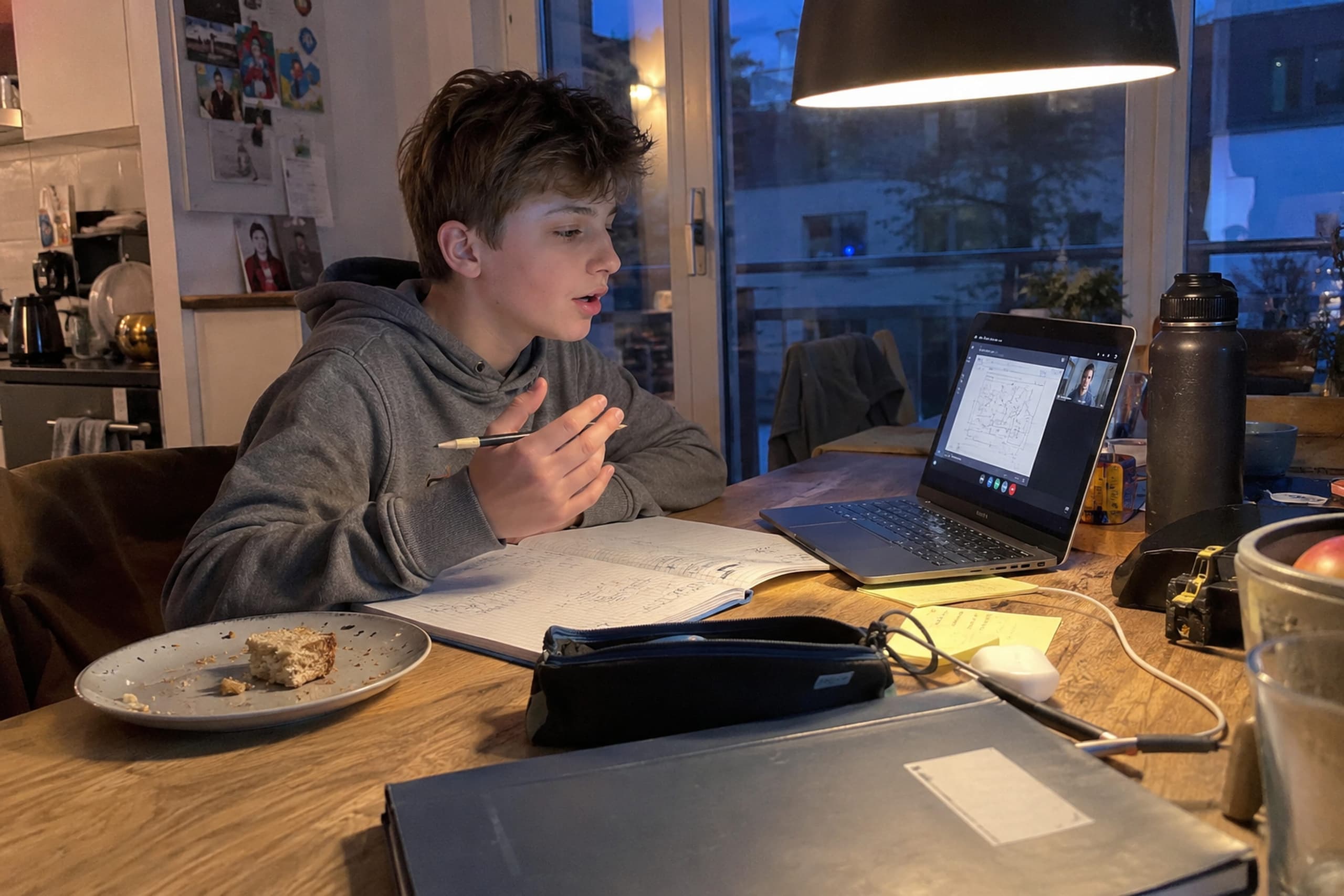 Junge erklärt im Video-Call etwas und hält dabei den Stift in der Hand