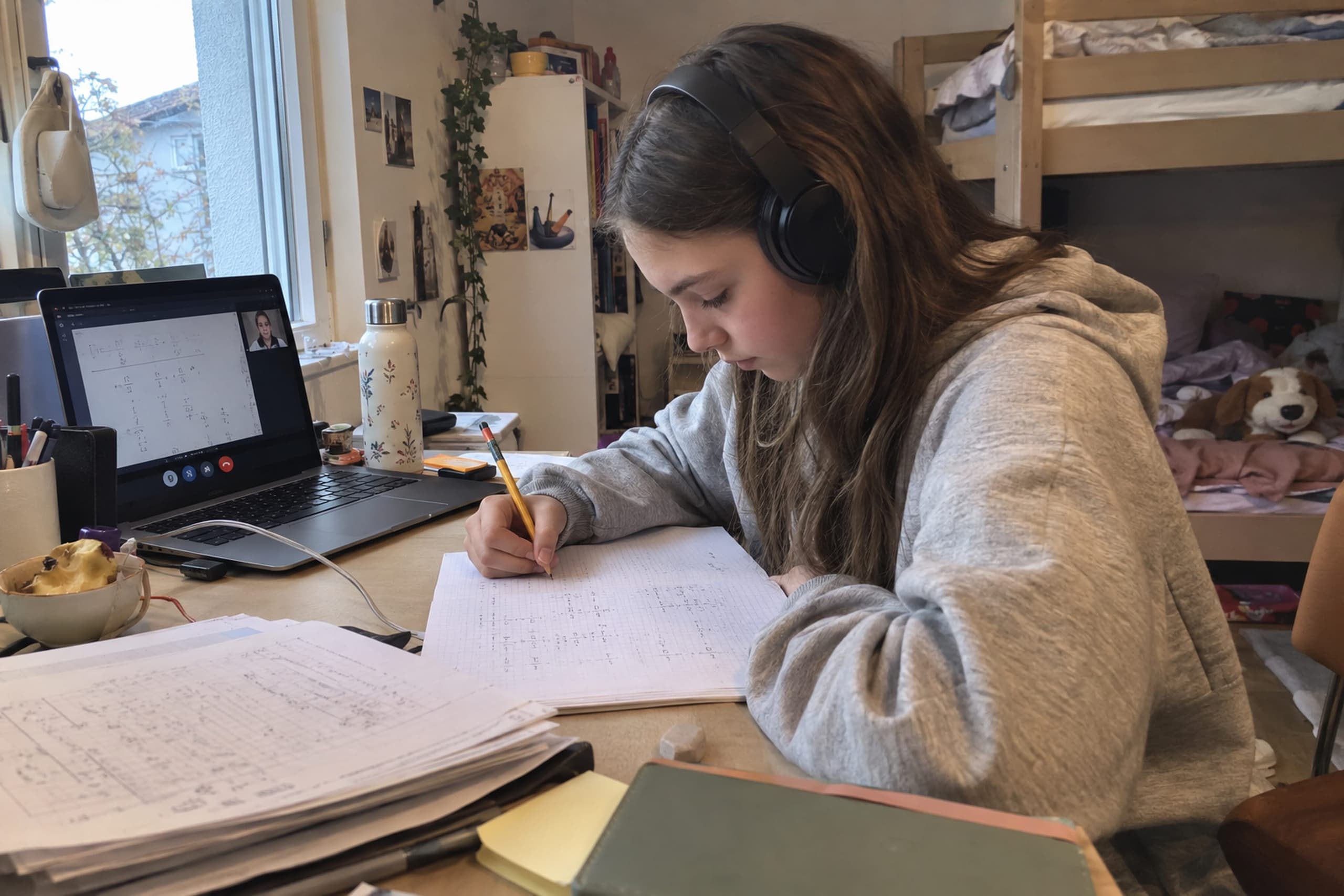 Sechstklässlerin mit Kopfhörern übt Brüche, daneben alte Gymiprüfungen und der Laptop mit Lara