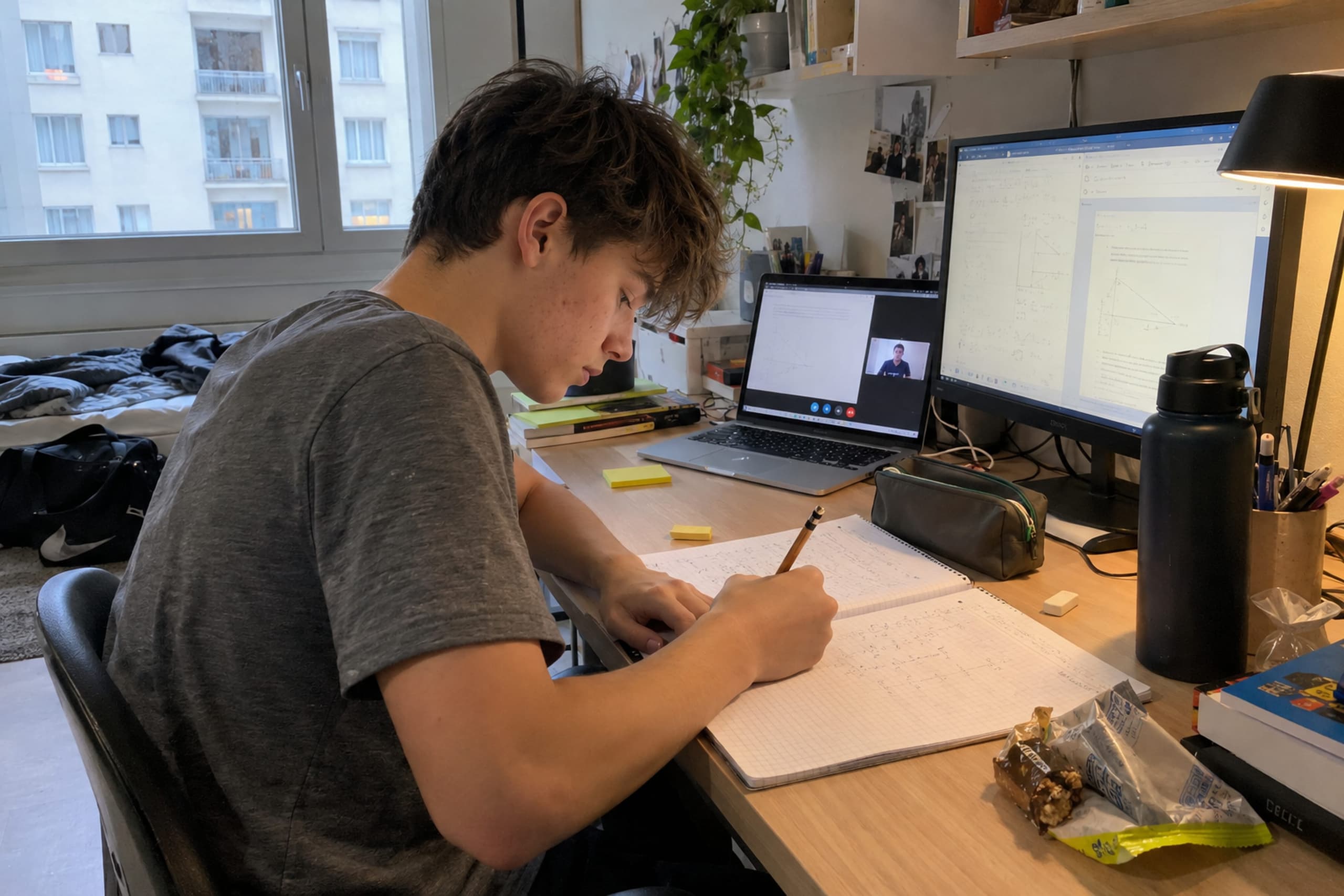 Schüler am Schreibtisch rechnet eine Algebra-Aufgabe, daneben der Laptop mit dem Video-Call